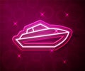 Glowing neon line Speedboat icon isolated on red background. Vector