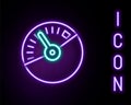 Glowing neon line Speedometer icon isolated on black background. Colorful outline concept. Vector