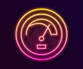 Glowing neon line Speedometer icon isolated on black background. Vector