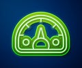 Glowing neon line Speedometer icon isolated on blue background. Vector Royalty Free Stock Photo