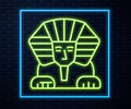 Glowing neon line Sphinx - mythical creature of ancient Egypt icon isolated on brick wall background. Vector