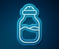 Glowing neon line Spice in can icon isolated on blue background. Seasoning collection. Spice, condiments in a glass can