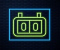 Glowing neon line Sport mechanical scoreboard and result display icon isolated on brick wall background. Vector Royalty Free Stock Photo