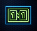 Glowing neon line Sport mechanical scoreboard and result display icon isolated on brick wall background. Vector Royalty Free Stock Photo