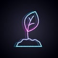 Glowing neon line Sprout icon isolated on black background. Seed and seedling. Leaves sign. Leaf nature. Vector