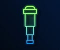 Glowing neon line Spyglass telescope lens icon isolated on blue background. Sailor spyglass. Vector