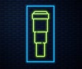 Glowing neon line Spyglass telescope lens icon isolated on brick wall background. Sailor spyglass. Vector