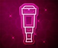 Glowing neon line Spyglass telescope lens icon isolated on red background. Sailor spyglass. Vector