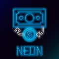 Glowing neon line Stacks paper money cash icon isolated on black background. Money banknotes stacks. Bill currency Royalty Free Stock Photo