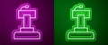 Glowing neon line Stage stand or debate podium rostrum icon isolated on purple and green background. Conference speech