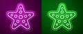 Glowing neon line Starfish icon isolated on purple and green background. Vector Royalty Free Stock Photo