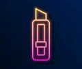 Glowing neon line Stationery knife icon isolated on black background. Office paper cutter. Vector