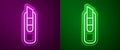 Glowing neon line Stationery knife icon isolated on purple and green background. Office paper cutter. Vector Royalty Free Stock Photo