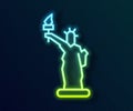 Glowing neon line Statue of Liberty icon isolated on black background. New York, USA. Vector