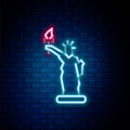 Glowing neon line Statue of Liberty icon isolated on brick wall background. New York, USA. Colorful outline concept