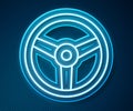 Glowing neon line Steering wheel icon isolated on blue background. Car wheel icon. Vector