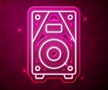 Glowing neon line Stereo speaker icon isolated on red background. Sound system speakers. Music icon. Musical column