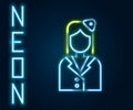 Glowing neon line Stewardess icon isolated on black background. Colorful outline concept. Vector Illustration