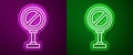 Glowing neon line Stop sign icon isolated on purple and green background. Traffic regulatory warning stop symbol. Vector Royalty Free Stock Photo