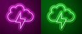 Glowing neon line Storm icon isolated on purple and green background. Cloud and lightning sign. Weather icon of storm Royalty Free Stock Photo