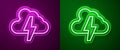Glowing neon line Storm icon isolated on purple and green background. Cloud and lightning sign. Weather icon of storm Royalty Free Stock Photo