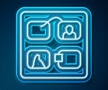 Glowing neon line Storyboard film video template for movie creation icon isolated on blue background. Vector