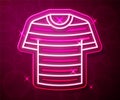 Glowing neon line Striped sailor t-shirt icon isolated on red background. Marine object. Vector