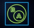 Glowing neon line Subsets, mathematics, a is subset of b icon isolated on brick wall background. Vector