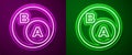 Glowing neon line Subsets, mathematics, a is subset of b icon isolated on purple and green background. Vector