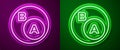 Glowing neon line Subsets, mathematics, a is subset of b icon isolated on purple and green background. Vector