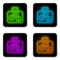 Glowing neon line Suitcase for travel icon isolated on white background. Traveling baggage sign. Retro hippie style Royalty Free Stock Photo