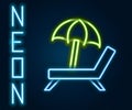 Glowing neon line Sunbed icon isolated on black background. Beach umbrella and Sun lounger. Colorful outline concept