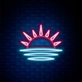 Glowing neon line Sunset icon isolated on brick wall background. Colorful outline concept. Vector