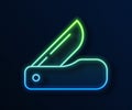 Glowing neon line Swiss army knife icon isolated on blue background. Multi-tool, multipurpose penknife. Multifunctional
