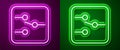 Glowing neon line Switch in electronic circuit icon isolated on purple and green background. Vector