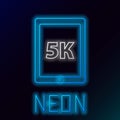 Glowing neon line Tablet with text 5k icon isolated on black background. Colorful outline concept. Vector