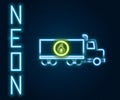 Glowing neon line Tanker truck icon isolated on black background. Petroleum tanker, petrol truck, cistern, oil trailer