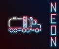 Glowing neon line Tanker truck icon isolated on black background. Petroleum tanker, petrol truck, cistern, oil trailer