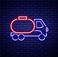 Glowing neon line Tanker truck icon isolated on brick wall background. Petroleum tanker, petrol truck, cistern, oil