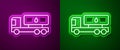 Glowing neon line Tanker truck icon isolated on purple and green background. Petroleum tanker, petrol truck, cistern