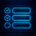 Glowing neon line Task list icon isolated on brick wall background. Control list symbol. Survey poll or questionnaire