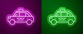 Glowing neon line Taxi car icon isolated on purple and green background. Vector Royalty Free Stock Photo