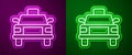 Glowing neon line Taxi car icon isolated on purple and green background. Vector Royalty Free Stock Photo