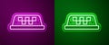 Glowing neon line Taxi car roof icon isolated on purple and green background. Vector Royalty Free Stock Photo