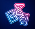 Glowing neon line Tearing apart money banknote into three peaces icon isolated on blue background. Vector