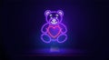 The glowing neon line of a teddy bear is a plush toy icon with a heart on the sideboard, isolated on a dark background