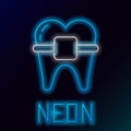 Glowing neon line Teeth with braces icon isolated on black background. Alignment of bite of teeth, dental row with with