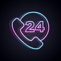 Glowing neon line Telephone 24 hours support icon isolated on black background. All-day customer support call-center