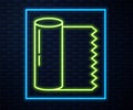 Glowing neon line Textile fabric roll icon isolated on brick wall background. Roll, mat, rug, cloth, carpet or paper Royalty Free Stock Photo