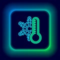 Glowing neon line Thermometer with snowflake icon isolated on black background. Colorful outline concept. Vector